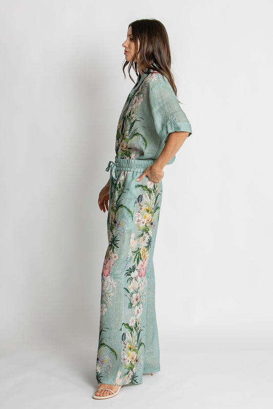 Kachel Sienna Pant in Sage Amour green floral linen