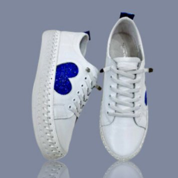LAV-ISH SYDNEY Leather Sneakers with heart shaped Crystal White/Blue - Pinkhill, Darwin boutique, Australian high end fashion, Darwin Fashion