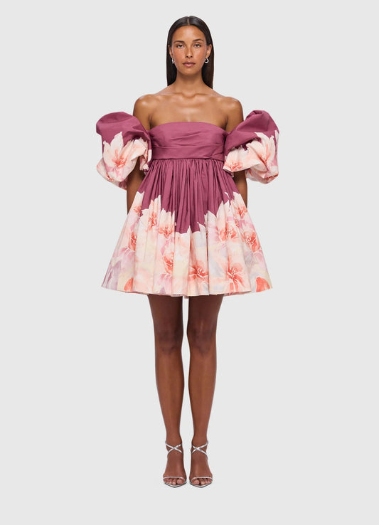 LEO LIN Eloise Puff Sleeve Mini Dress - Orient Print in Hibiscus - Leo Lin - Pinkhill - darwin fashion - darwin boutique