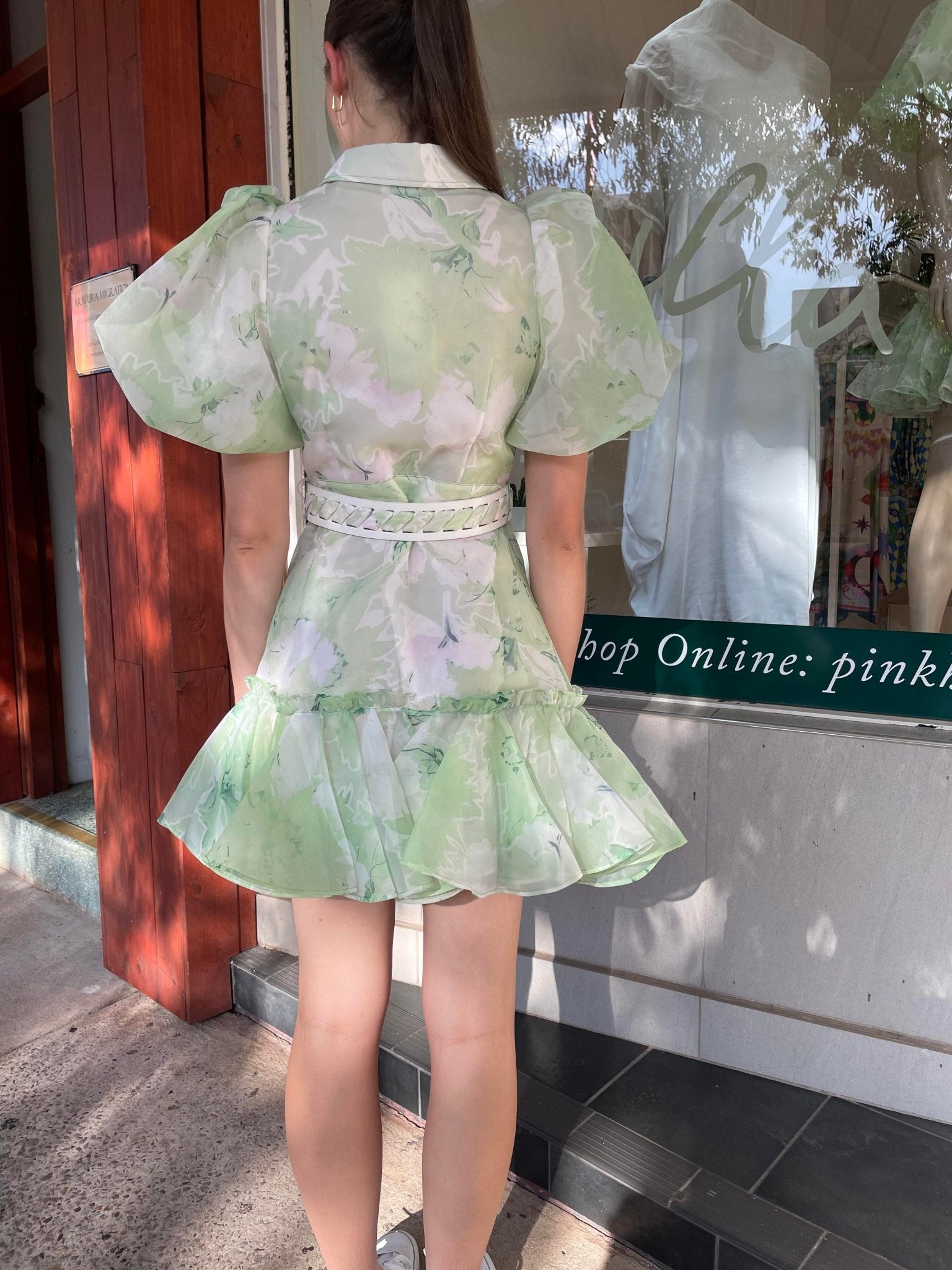 Leo Lin Sophie Bishop Sleeve Mini Dress - Jasmine Print in Sage - Pinkhill, Darwin boutique, Australian high end fashion, Darwin Fashion