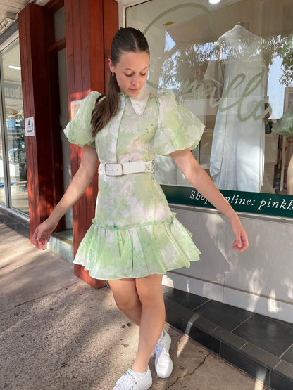 Leo Lin Sophie Bishop Sleeve Mini Dress - Jasmine Print in Sage - Pinkhill, Darwin boutique, Australian high end fashion, Darwin Fashion