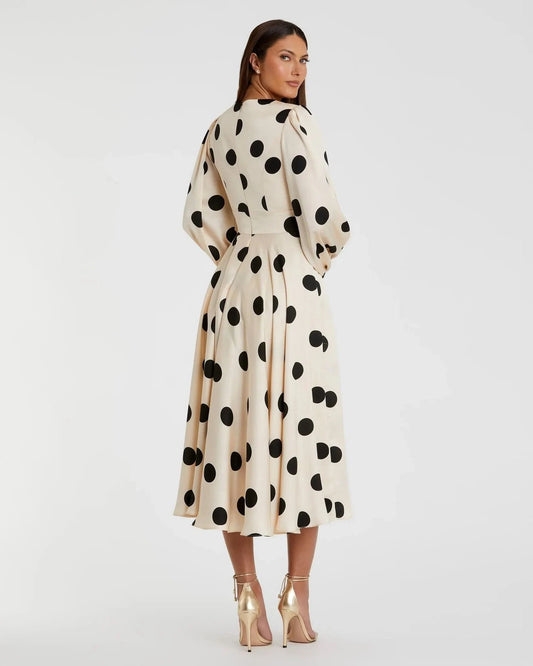Beige Polka Dot Charmeuse Long Sleeve V Neck Midi Dress - Pinkhill - - - Darwin boutique - Australian fashion design - Darwin Fashion - Australian Fashion Designer - Australian Fashion Designer Brands - Australian Fashion Design