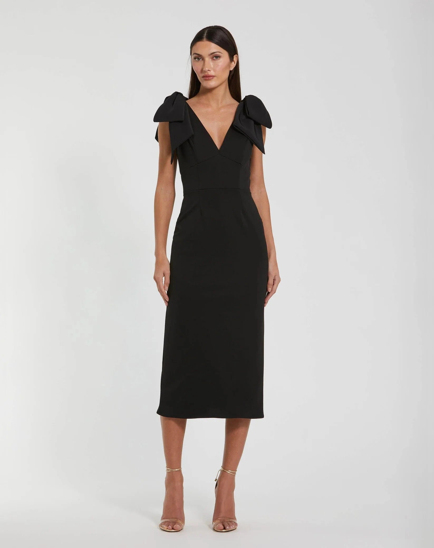 Mac Duggal Black Bow Strap Crepe Fitted Midi Dress