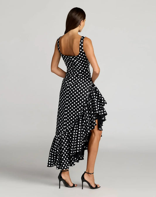 Mac Duggal Black Sleeveless Polka Dot Midi Dress With Ruffled Hem - Pinkhill
