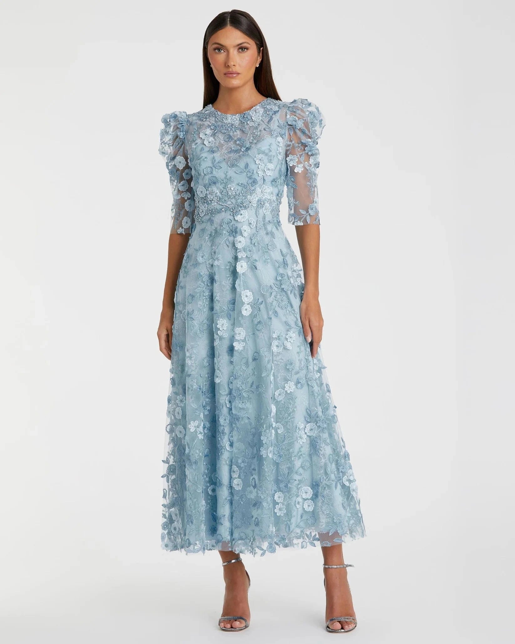 Mac Duggal Blue Applique High Neck Puff Sleeve A Line