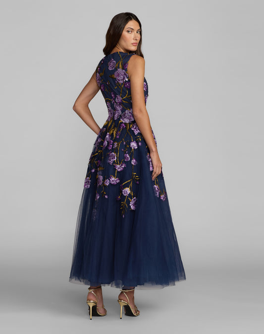 Mac Duggal Brocade Sleeveless Square Neck Midi Dress - Blue Multi