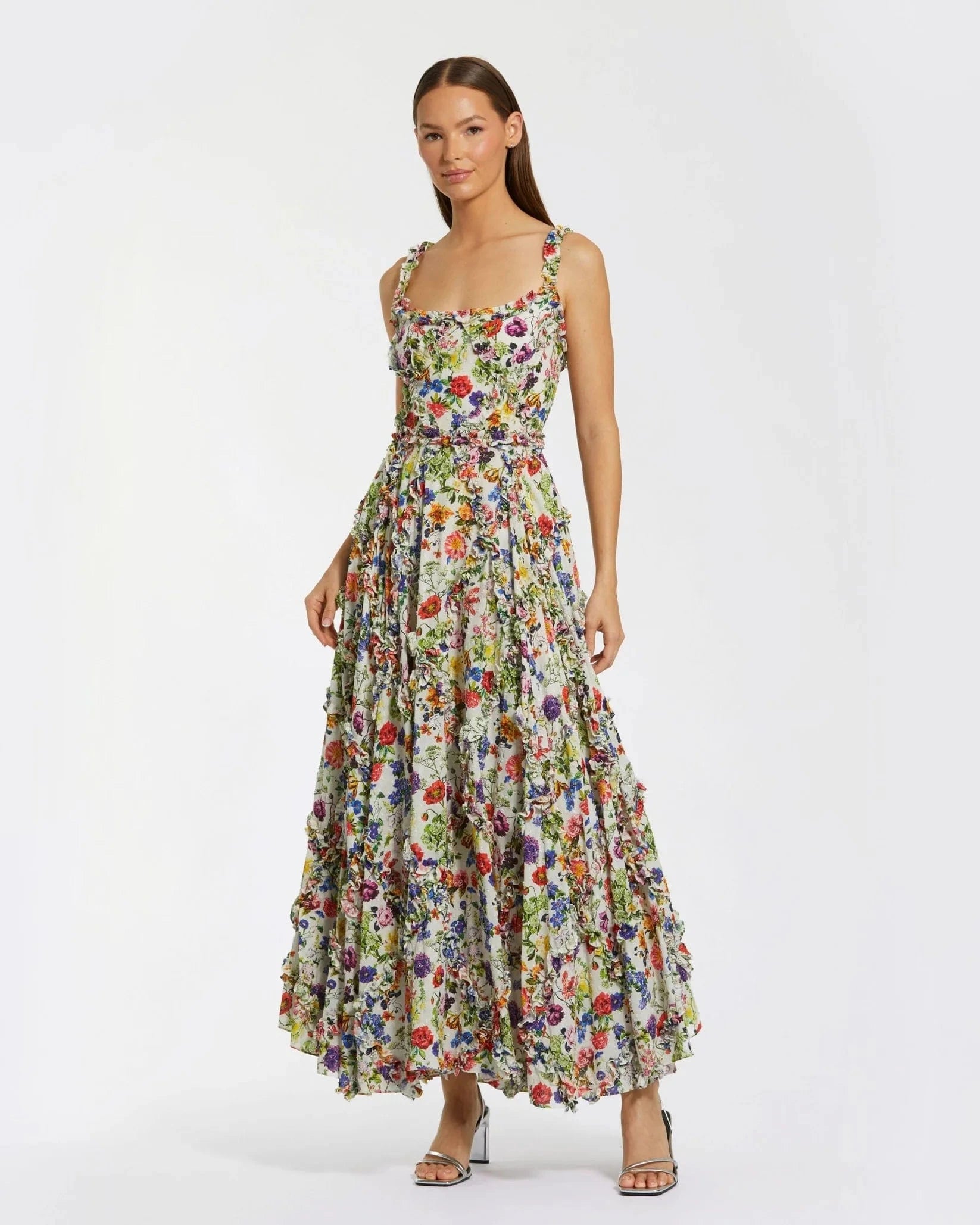 Mac Duggal Multicolor Ruffle Scoop Neck Floral A-Line | Pinkhill Mac Duggal Multicolor Ruffle Scoop Neck Floral A-Line | Pinkhill