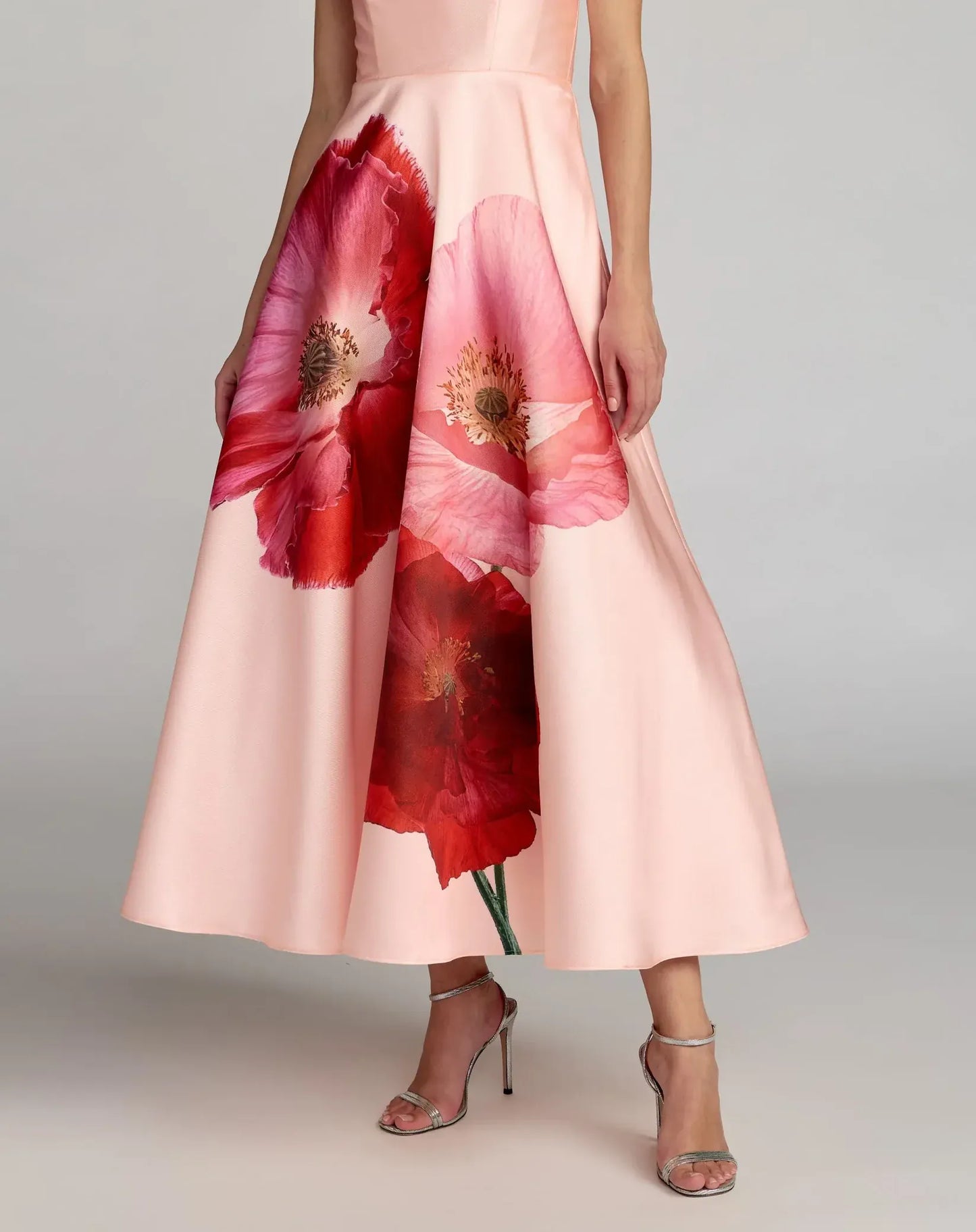 Mac Duggal Pink Strapless A Line Midi Dress With Flower Print