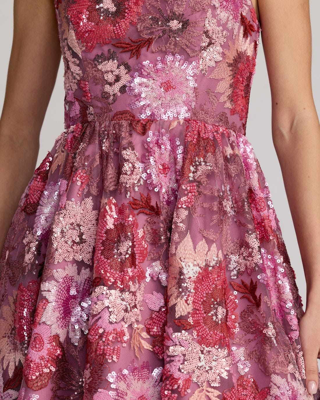 Mac Duggal Purple Floral Sequin Strapless Midi Dress