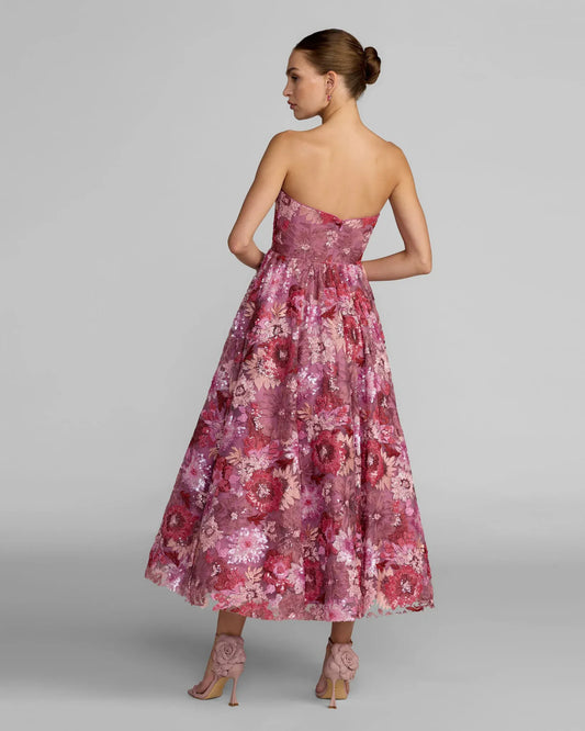 Mac Duggal Purple Floral Sequin Strapless Midi Dress - Pinkhill