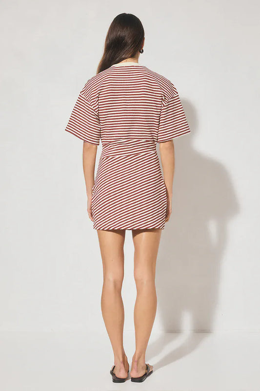 Mon Renn Aura Mini Dress Burgundy Cream Stripe