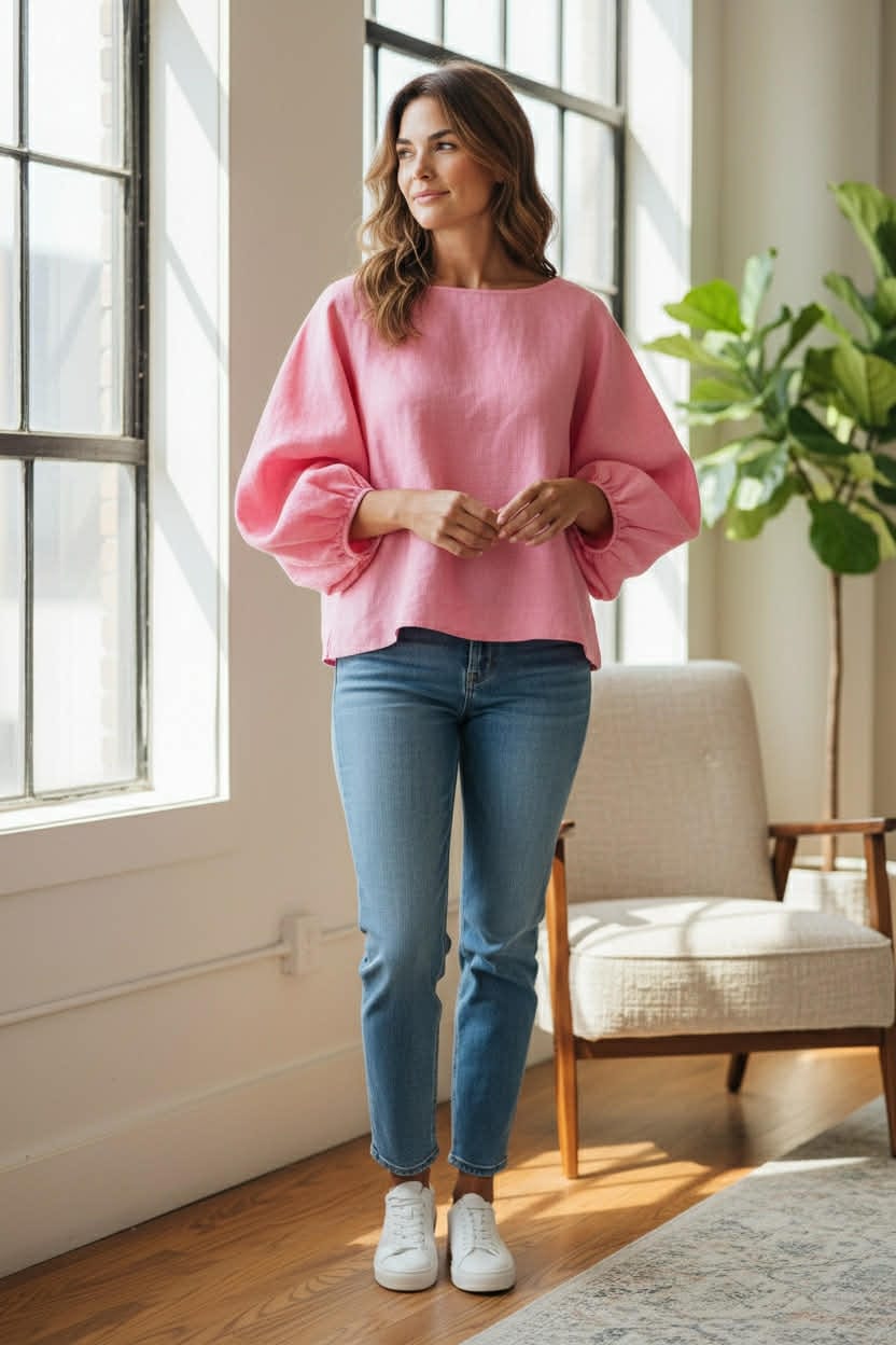Oktavija Linen Shrug in Peony at Pinkhill Darwin boutique
