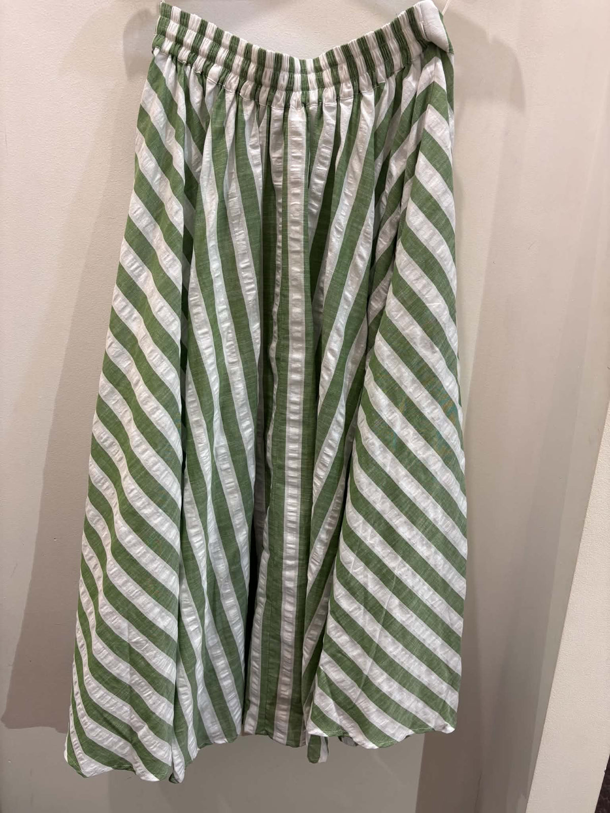 Willow Skirt in green stripe cotton seersucker, back view - Pinkhill Darwin