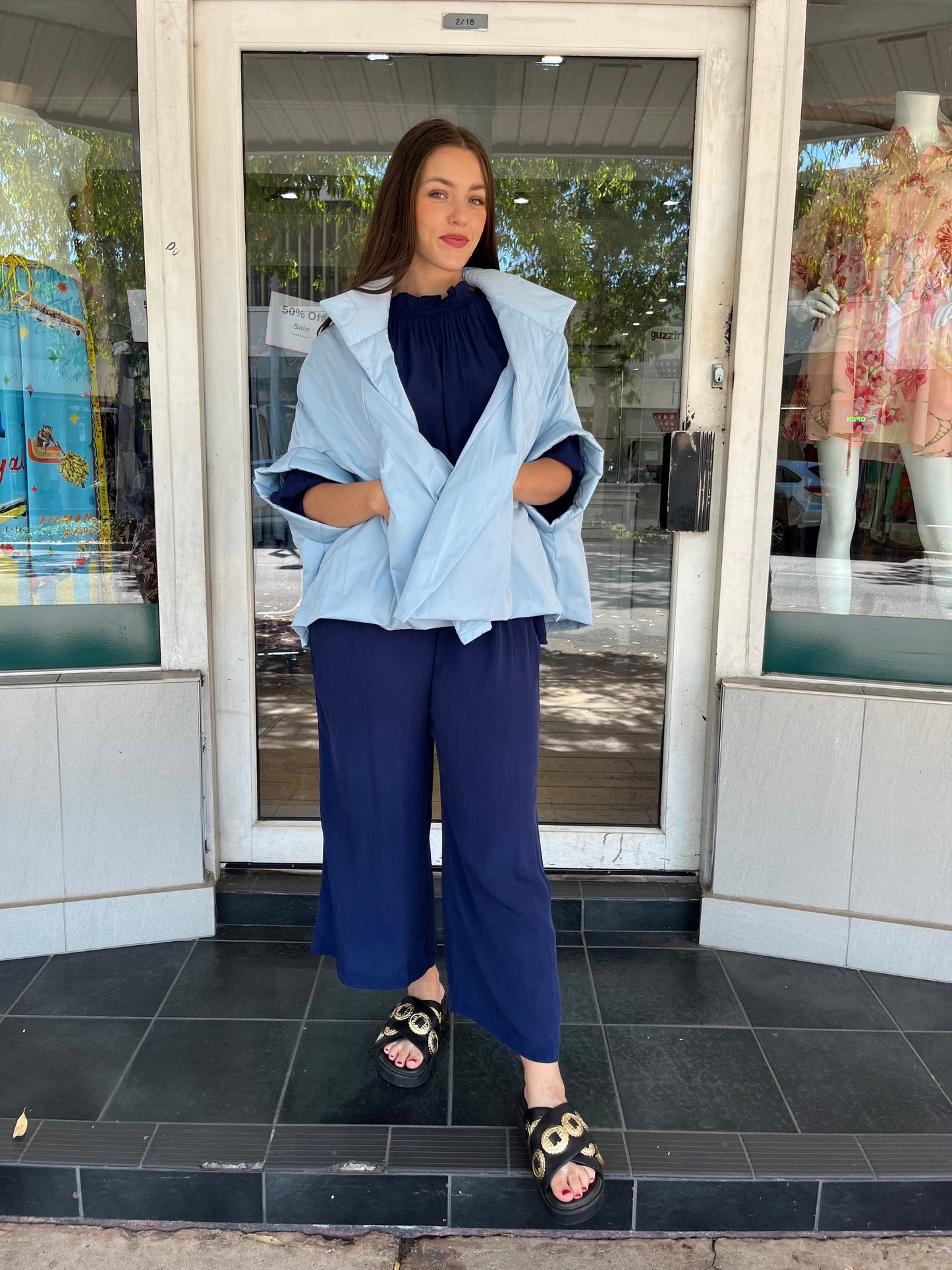 PLANET By Lauren G - NYLON CHIC CAPE - Sky - Pinkhill - Planet By Lauren G - - Darwin boutique - Australian fashion design - Darwin Fashion - Australian Fashion Designer - Australian Fashion Designer Brands - Australian Fashion Design Tanks