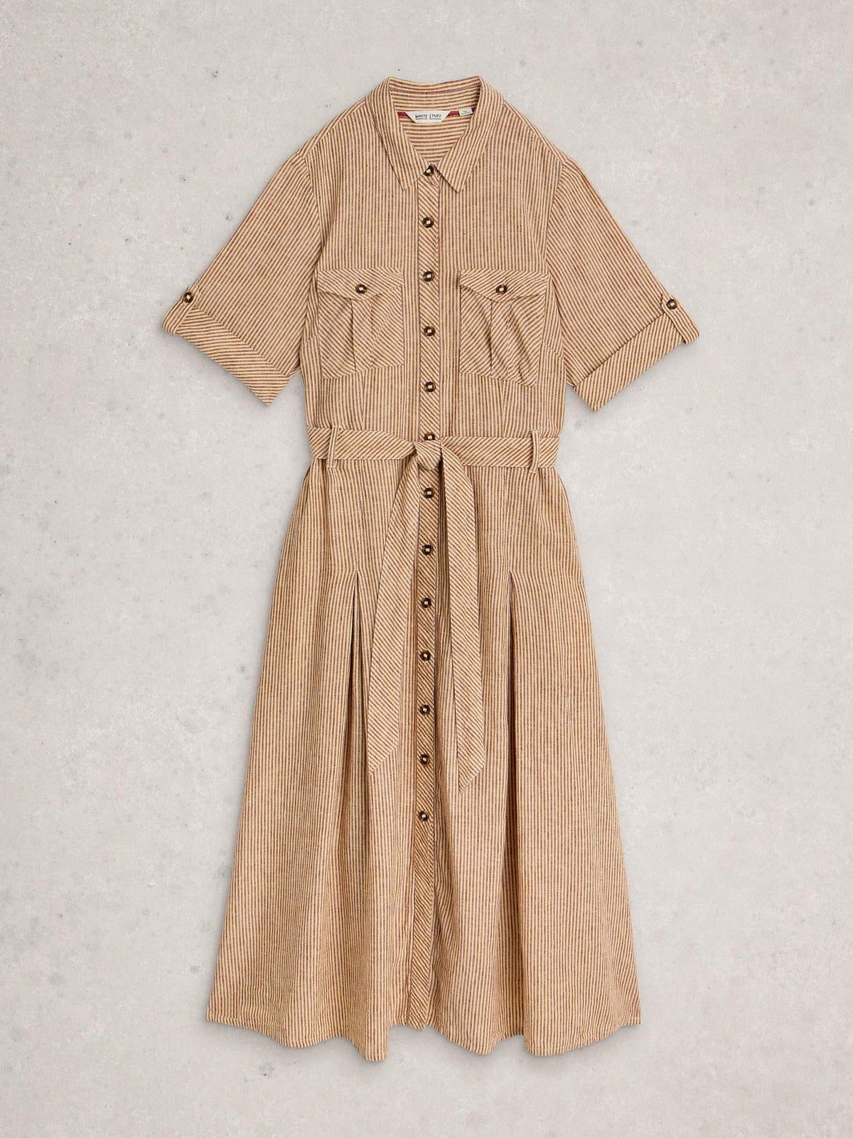 White Stuff Tiff Linen Blend Shirt Dress in natural multi, flat front view - Pinkhill Darwin