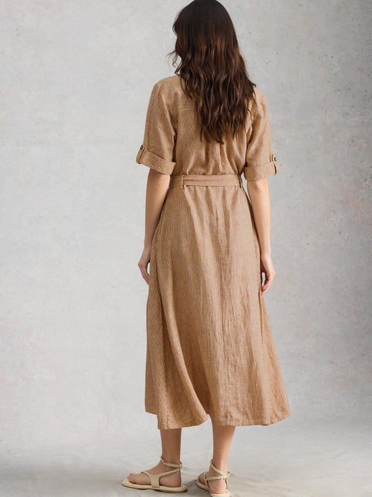 White Stuff Tiff Linen Blend Shirt Dress in natural multi, back view - Pinkhill Darwin