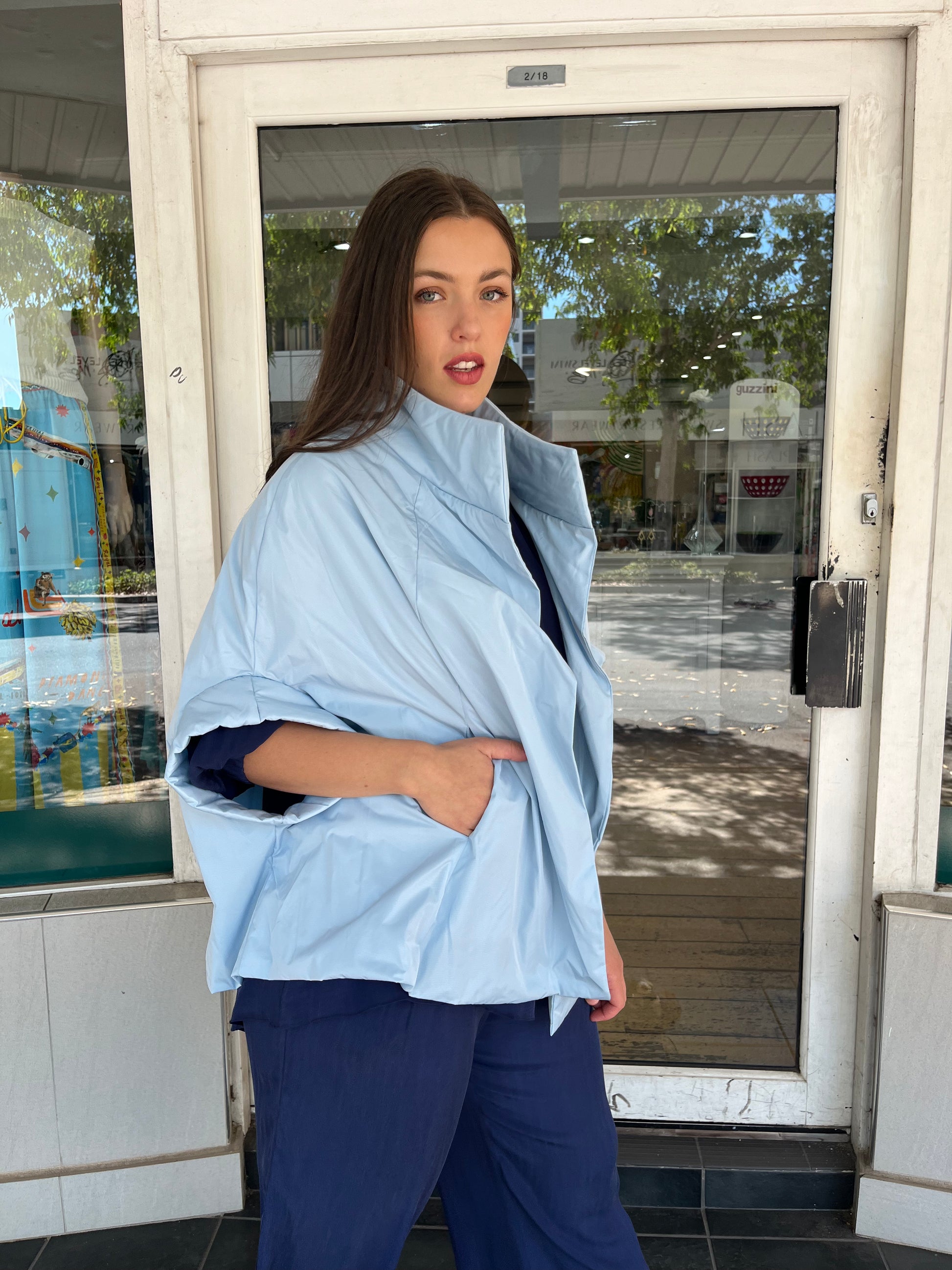 PLANET By Lauren G - NYLON CHIC CAPE - Sky - Pinkhill - Planet By Lauren G -  - Darwin boutique - Australian fashion design - Darwin Fashion - Australian Fashion Designer - Australian Fashion Designer Brands - Australian Fashion Design Tanks