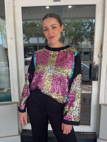 Bold Checkered Sequin Sweater - Black - Pinkhill - Azara -  - Darwin boutique - Australian fashion design - Darwin Fashion - Australian Fashion Designer - Australian Fashion Designer Brands - Australian Fashion Design 