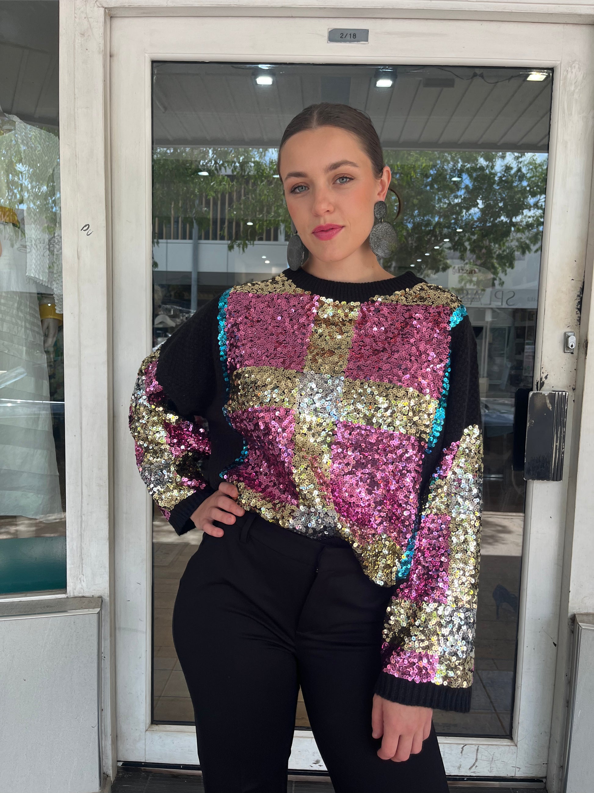 Bold Checkered Sequin Sweater - Black - Pinkhill - Azara -  - Darwin boutique - Australian fashion design - Darwin Fashion - Australian Fashion Designer - Australian Fashion Designer Brands - Australian Fashion Design 