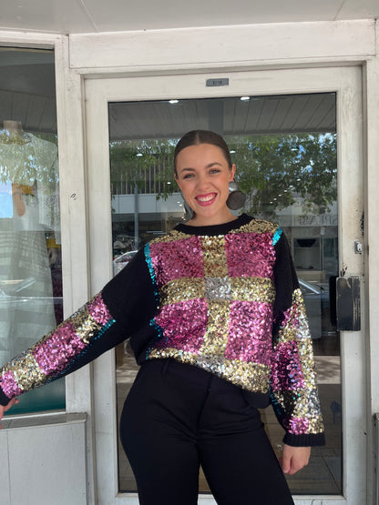 Bold Checkered Sequin Sweater - Black - Pinkhill - Azara -  - Darwin boutique - Australian fashion design - Darwin Fashion - Australian Fashion Designer - Australian Fashion Designer Brands - Australian Fashion Design 