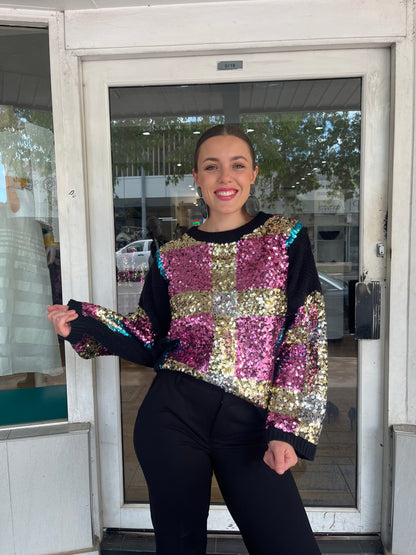 Bold Checkered Sequin Sweater - Black - Pinkhill - Azara -  - Darwin boutique - Australian fashion design - Darwin Fashion - Australian Fashion Designer - Australian Fashion Designer Brands - Australian Fashion Design 