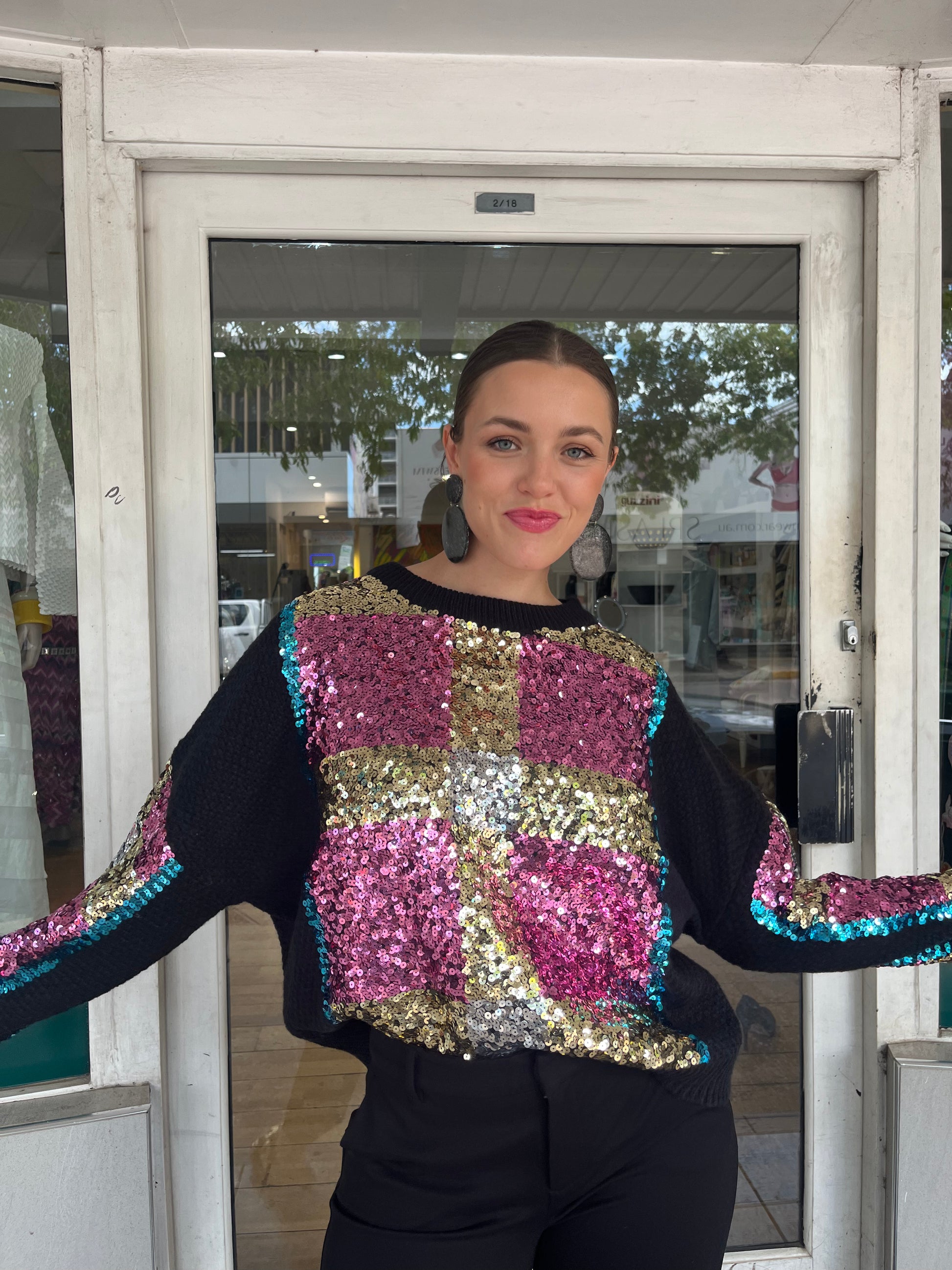 Bold Checkered Sequin Sweater - Black - Pinkhill - Azara -  - Darwin boutique - Australian fashion design - Darwin Fashion - Australian Fashion Designer - Australian Fashion Designer Brands - Australian Fashion Design 