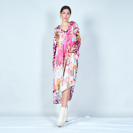 Michela Mii Elegant midi kaftan with mixed patterns - Fuchsia