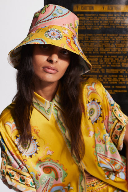 ALEMAIS PINBALL LINEN BUCKET HAT - Pinkhill - ALEMAIS - Mid May 24, PRE-FALL 24 - Darwin boutique - Australian fashion design - Darwin Fashion - Australian Fashion Designer - Australian Fashion Designer Brands - Australian Fashion Design Hats