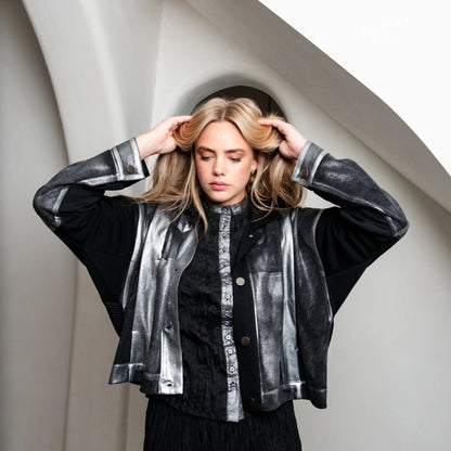 Alquema Foil Plisse Jacket - Black Silver Foil - Pinkhill -  - [] - Darwin boutique - Australian fashion design - Darwin Fashion - Australian Fashion Designer - Australian Fashion Designer Brands - Australian Fashion Design 