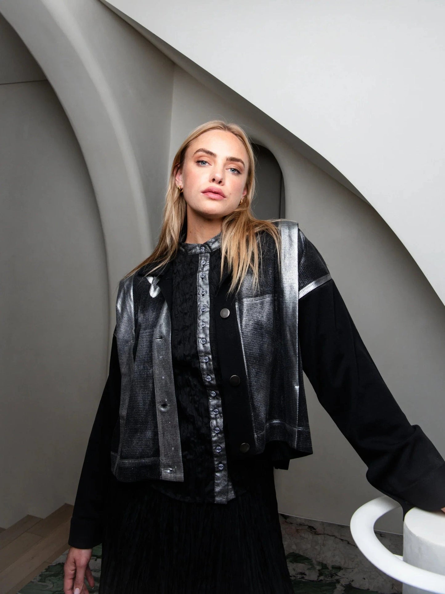 Alquema Foil Plisse Jacket - Black Silver Foil - Pinkhill -  - [] - Darwin boutique - Australian fashion design - Darwin Fashion - Australian Fashion Designer - Australian Fashion Designer Brands - Australian Fashion Design 