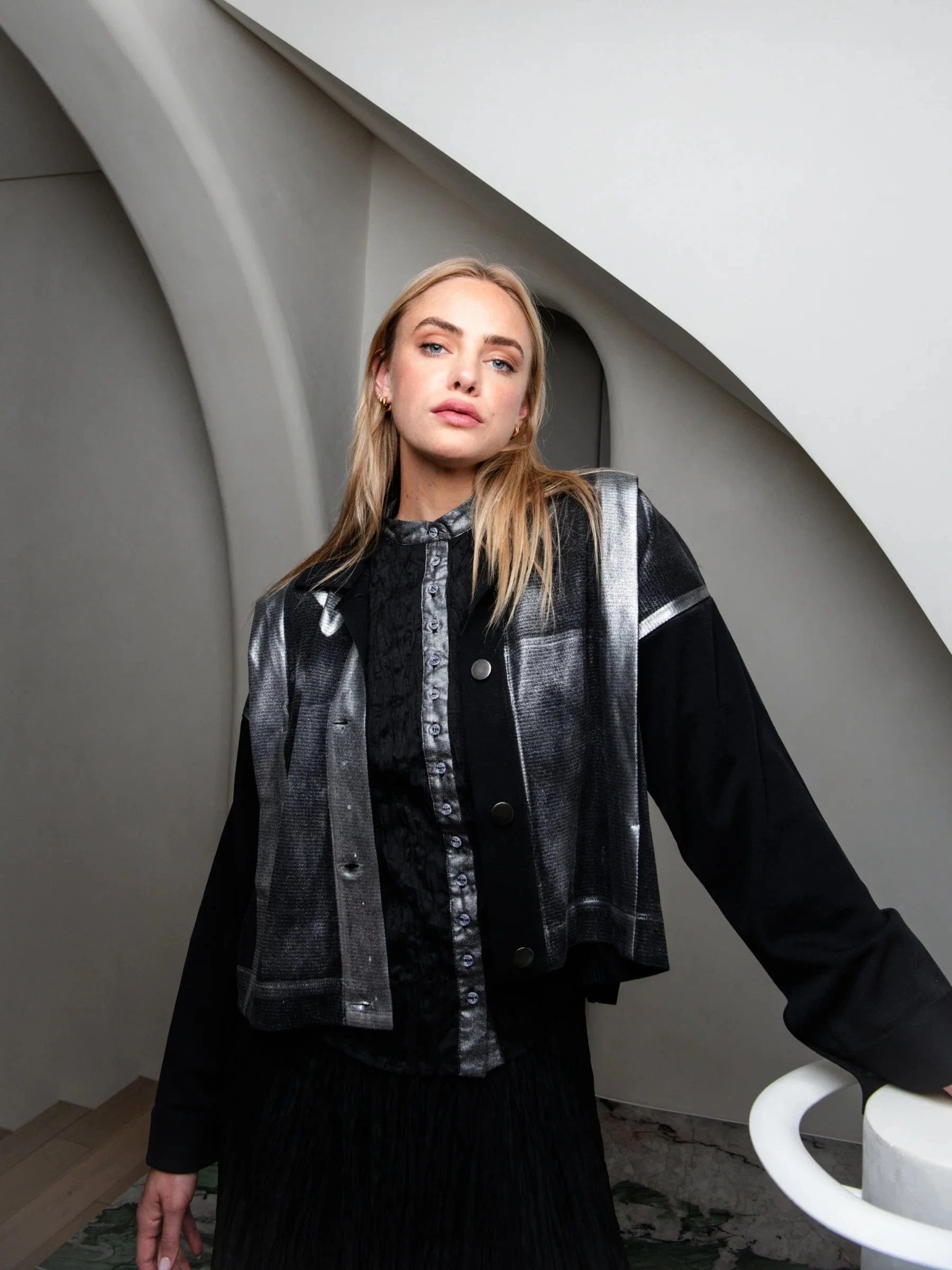 Alquema Foil Plisse Jacket - Black Silver Foil - Pinkhill -  - [] - Darwin boutique - Australian fashion design - Darwin Fashion - Australian Fashion Designer - Australian Fashion Designer Brands - Australian Fashion Design 