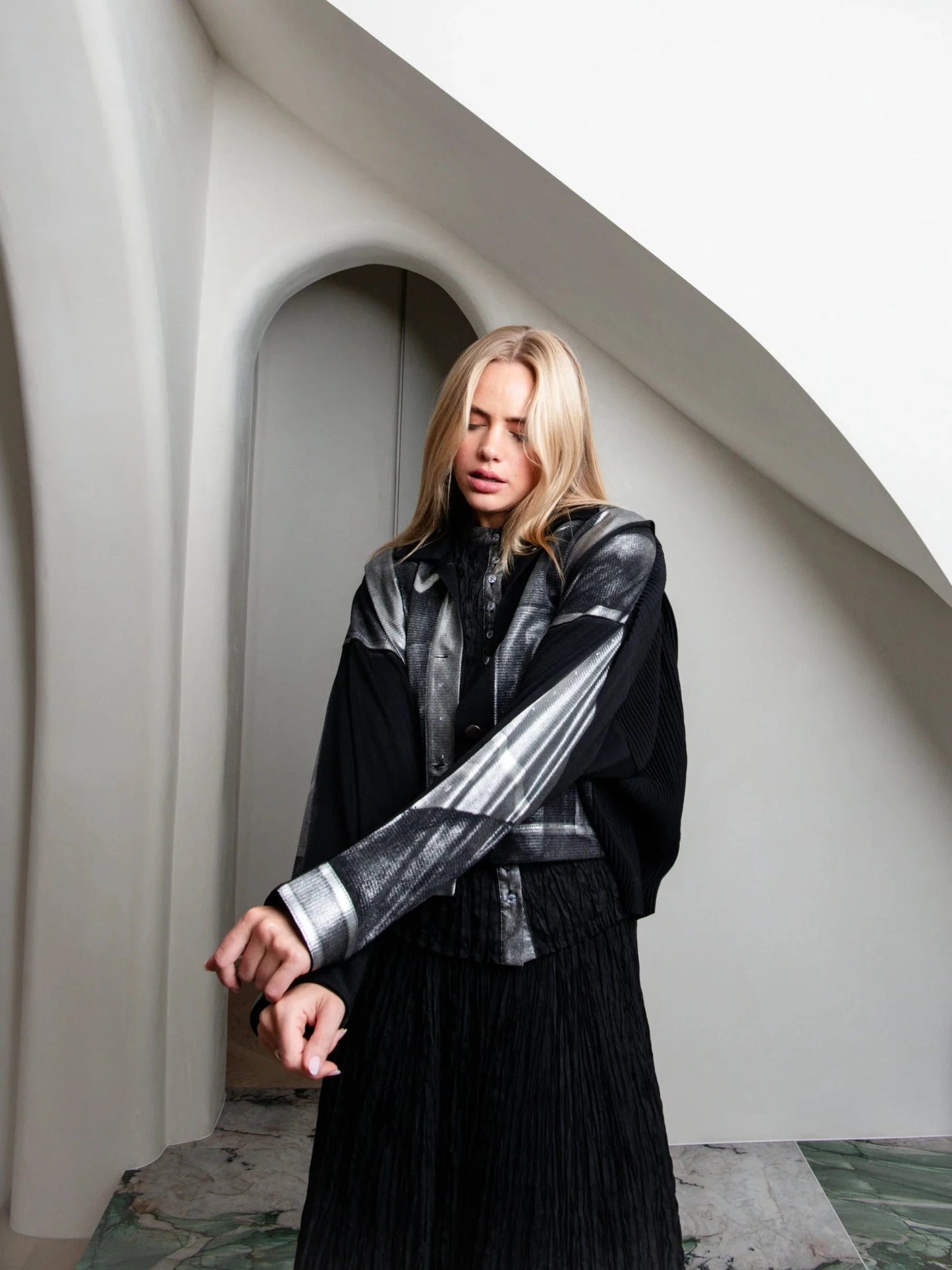 Alquema Foil Plisse Jacket - Black Silver Foil - Pinkhill -  - [] - Darwin boutique - Australian fashion design - Darwin Fashion - Australian Fashion Designer - Australian Fashion Designer Brands - Australian Fashion Design 