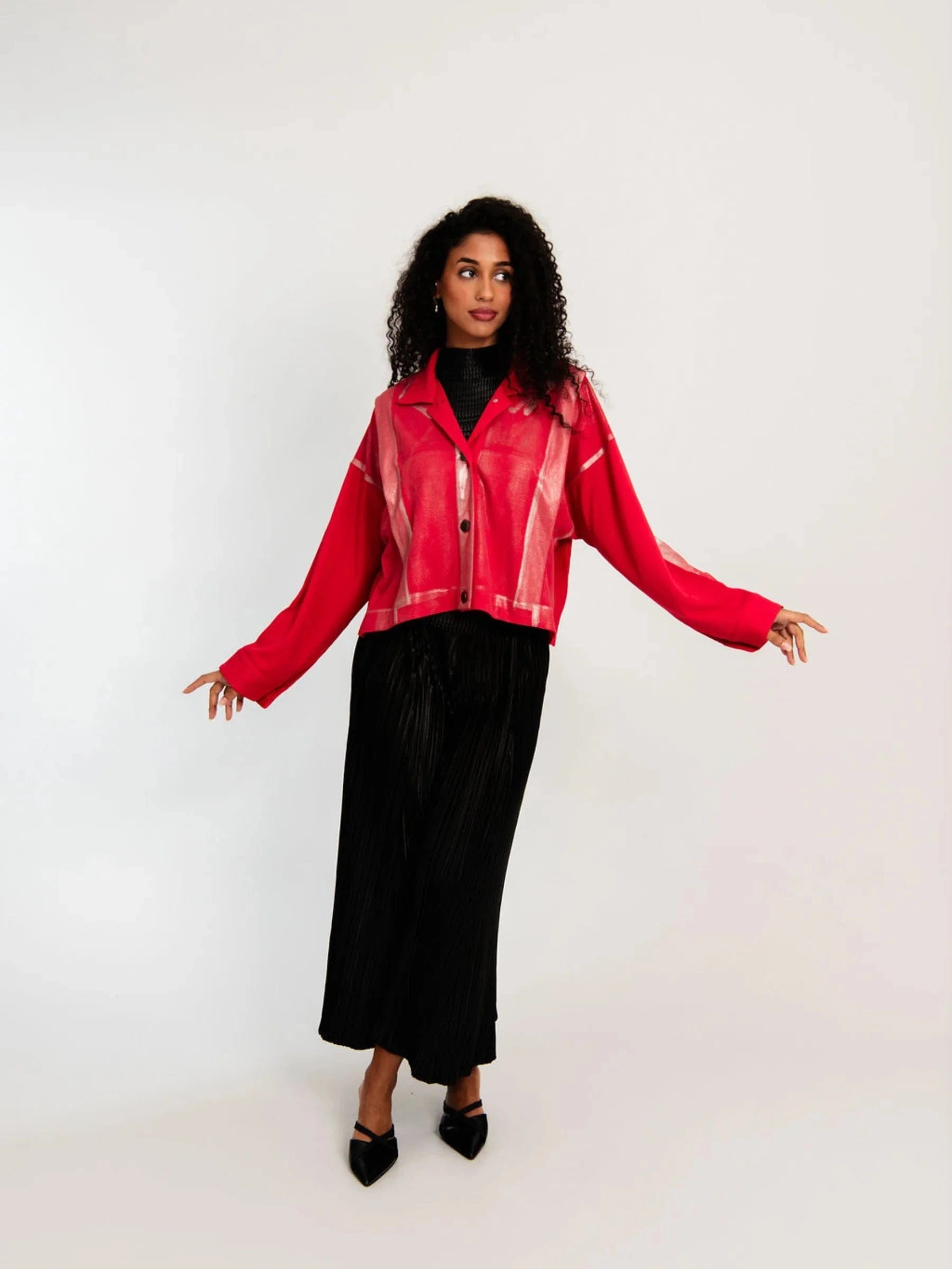 Alquema Foil Plisse Jacket - Red Silver Foil - Pinkhill -  - [] - Darwin boutique - Australian fashion design - Darwin Fashion - Australian Fashion Designer - Australian Fashion Designer Brands - Australian Fashion Design 