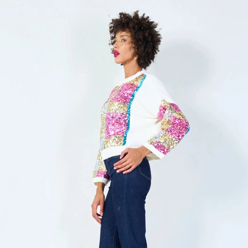 Aziza Bold Checkered Sequin Sweater - White - Azara - Pinkhill - darwin fashion - darwin boutique