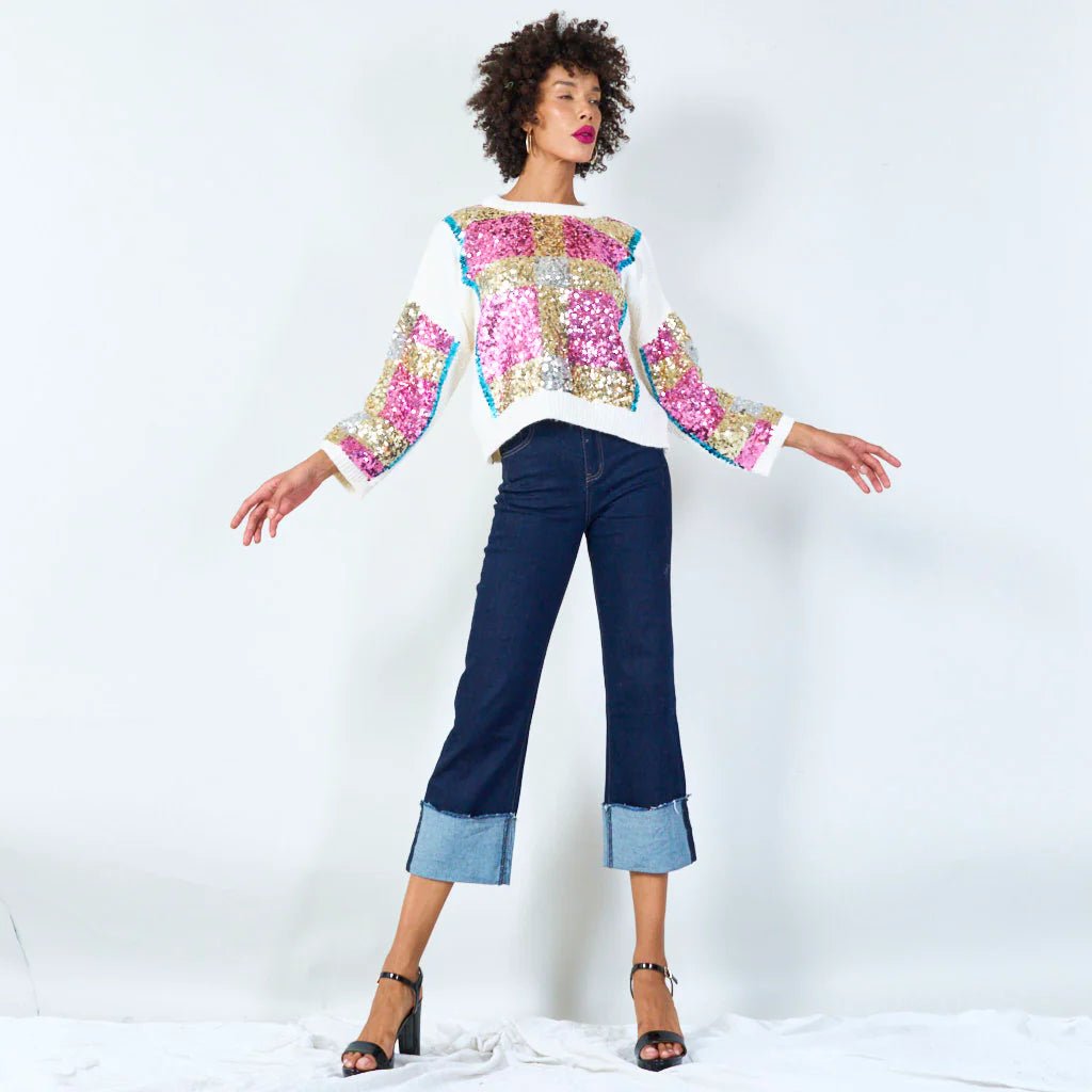 Aziza Bold Checkered Sequin Sweater - White - Azara - Pinkhill - darwin fashion - darwin boutique