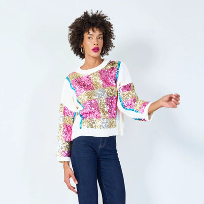 Aziza Bold Checkered Sequin Sweater - White - Azara - Pinkhill - darwin fashion - darwin boutique