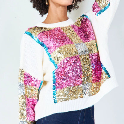 Aziza Bold Checkered Sequin Sweater - White - Azara - Pinkhill - darwin fashion - darwin boutique