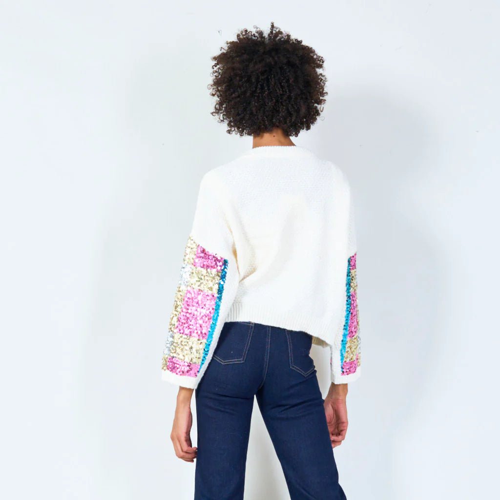 Aziza Bold Checkered Sequin Sweater - White - Azara - Pinkhill - darwin fashion - darwin boutique