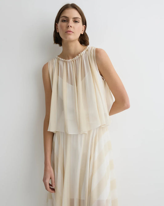 Bondi Born Capri Silk Gathered Top - Ecru Stripe