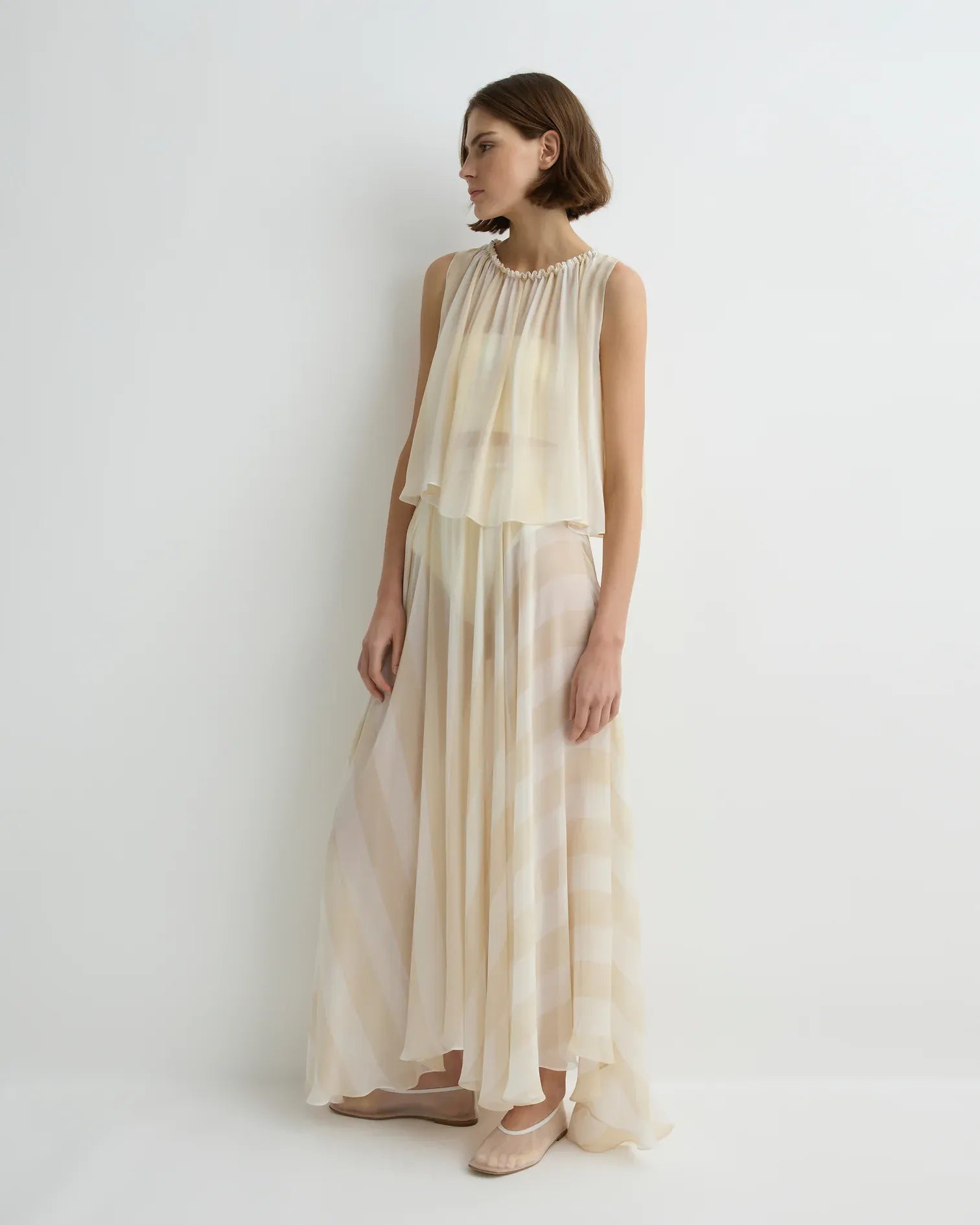 Bondi Born Capri Silk Gathered Top - Ecru Stripe - Pinkhill