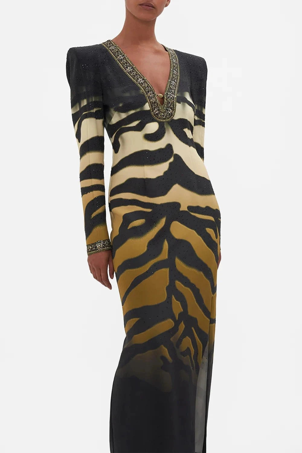 CAMILLA - Shoulder Pad Long Sleeve Dress Tame My Tiger - Pinkhill - Camilla - embellished, on sale - Darwin boutique - Australian fashion design - Darwin Fashion - Australian Fashion Designer - Australian Fashion Designer Brands - Australian Fashion Design Long Sleeve Dresses
