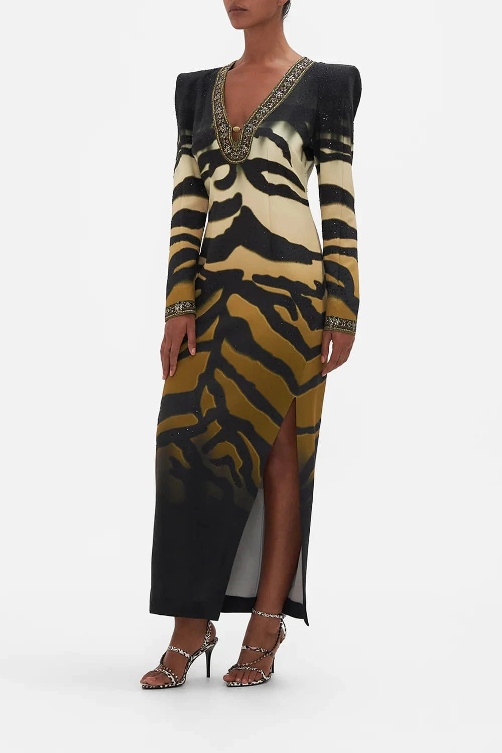 CAMILLA - Shoulder Pad Long Sleeve Dress Tame My Tiger - Pinkhill - Camilla - embellished, on sale - Darwin boutique - Australian fashion design - Darwin Fashion - Australian Fashion Designer - Australian Fashion Designer Brands - Australian Fashion Design Long Sleeve Dresses