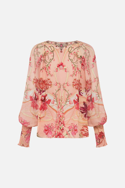 Camilla Shirred Cuff Blouse Blossoms And Brushstrokes - Pinkhill - Camilla -  - Darwin boutique - Australian fashion design - Darwin Fashion - Australian Fashion Designer - Australian Fashion Designer Brands - Australian Fashion Design Blouses