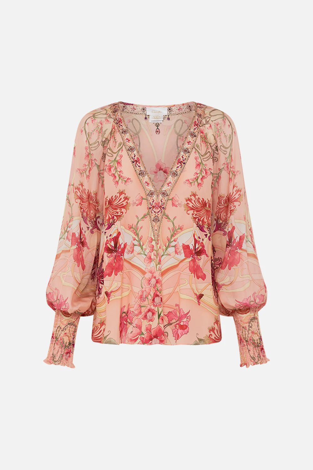 Camilla Shirred Cuff Blouse Blossoms And Brushstrokes - Pinkhill - Camilla -  - Darwin boutique - Australian fashion design - Darwin Fashion - Australian Fashion Designer - Australian Fashion Designer Brands - Australian Fashion Design Blouses