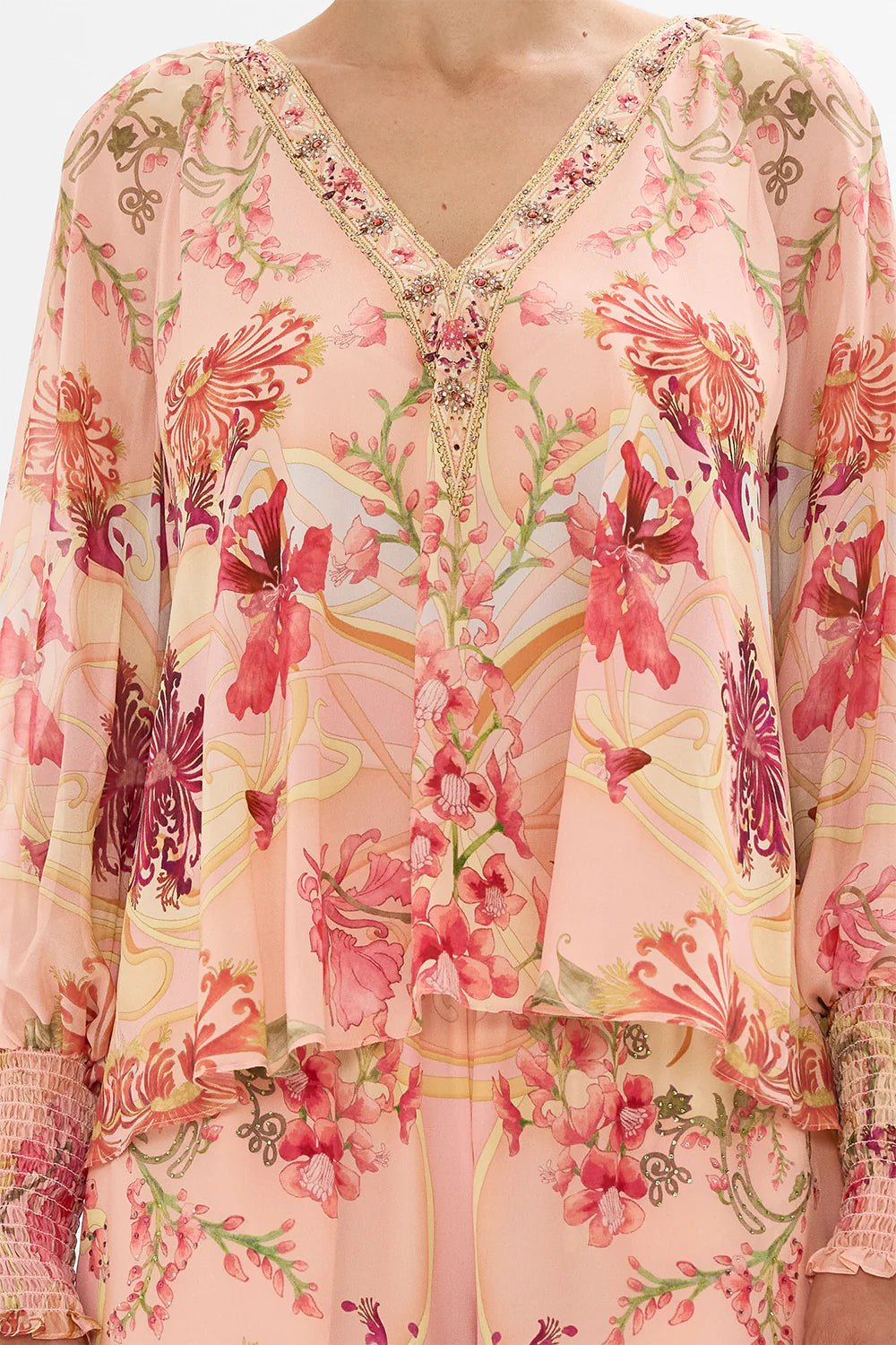 Camilla Shirred Cuff Blouse Blossoms And Brushstrokes - Pinkhill - Camilla -  - Darwin boutique - Australian fashion design - Darwin Fashion - Australian Fashion Designer - Australian Fashion Designer Brands - Australian Fashion Design Blouses