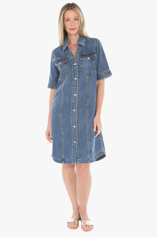 Soft Denim Short Sleeve Dress in Mid Blue - Pinkhill -  - [] - Darwin boutique - Australian fashion design - Darwin Fashion - Australian Fashion Designer - Australian Fashion Designer Brands - Australian Fashion Design 