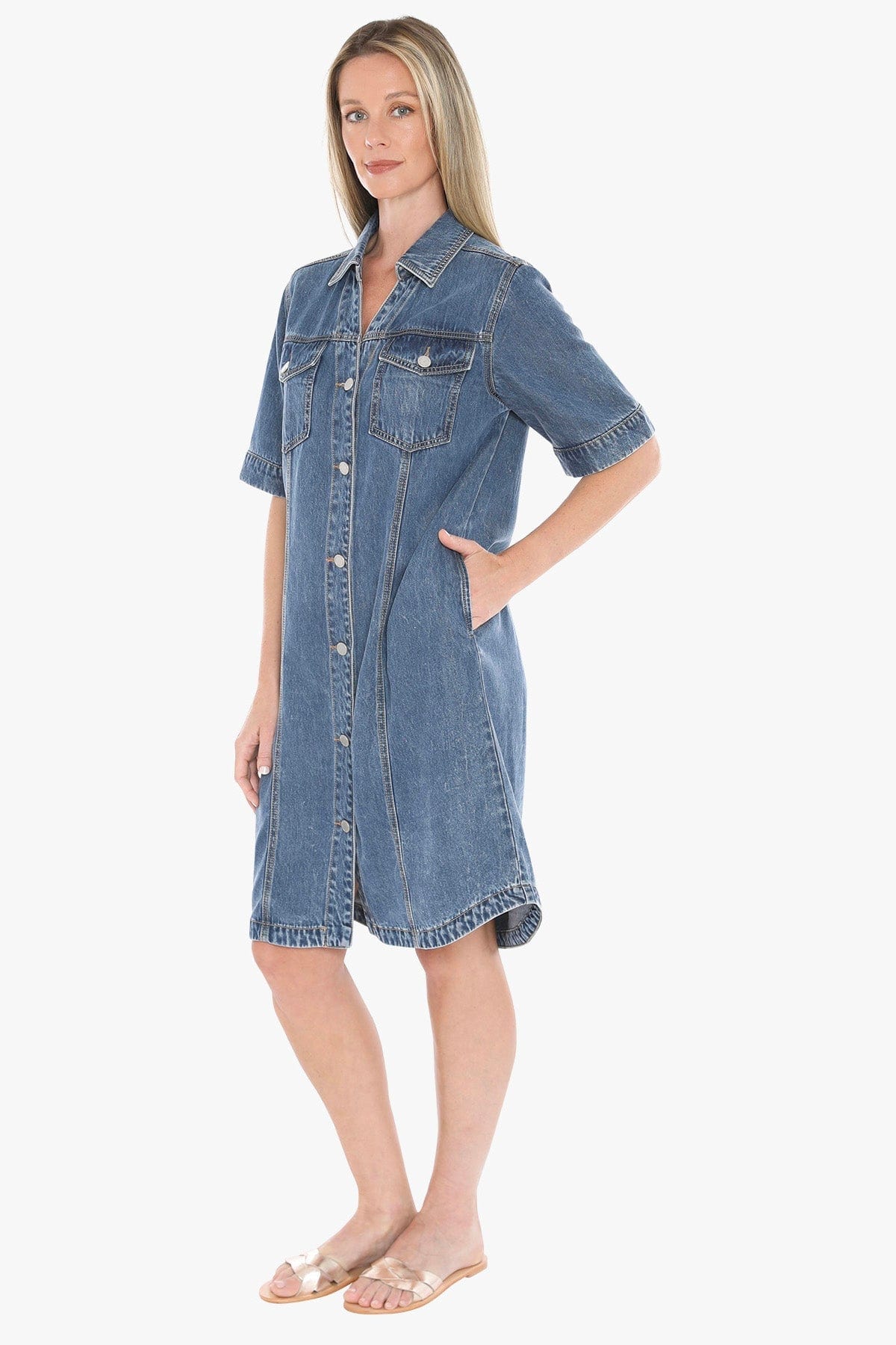 Soft Denim Short Sleeve Dress in Mid Blue - Pinkhill -  - [] - Darwin boutique - Australian fashion design - Darwin Fashion - Australian Fashion Designer - Australian Fashion Designer Brands - Australian Fashion Design 