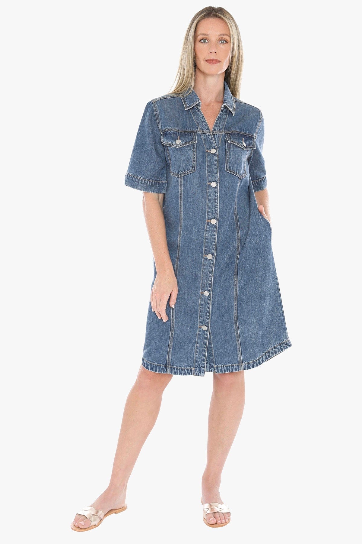 Soft Denim Short Sleeve Dress in Mid Blue - Pinkhill -  - [] - Darwin boutique - Australian fashion design - Darwin Fashion - Australian Fashion Designer - Australian Fashion Designer Brands - Australian Fashion Design 