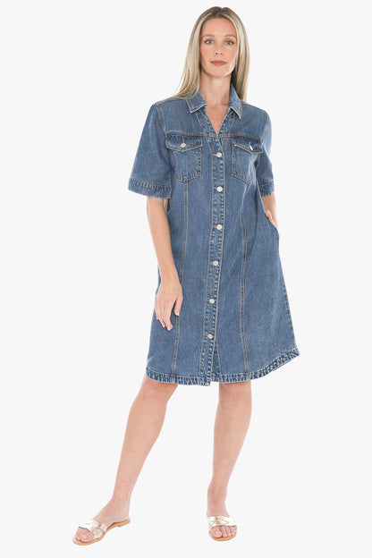 Soft Denim Short Sleeve Dress in Mid Blue - Pinkhill -  - [] - Darwin boutique - Australian fashion design - Darwin Fashion - Australian Fashion Designer - Australian Fashion Designer Brands - Australian Fashion Design 