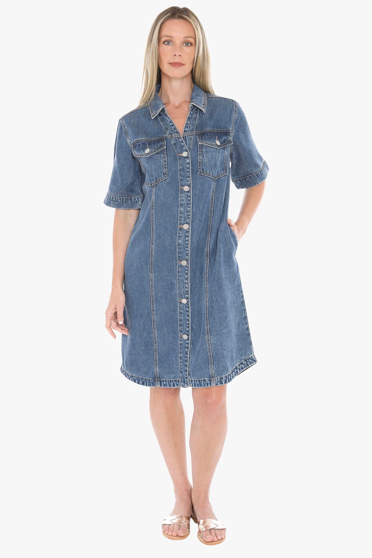 Soft Denim Short Sleeve Dress in Mid Blue - Pinkhill -  - [] - Darwin boutique - Australian fashion design - Darwin Fashion - Australian Fashion Designer - Australian Fashion Designer Brands - Australian Fashion Design 